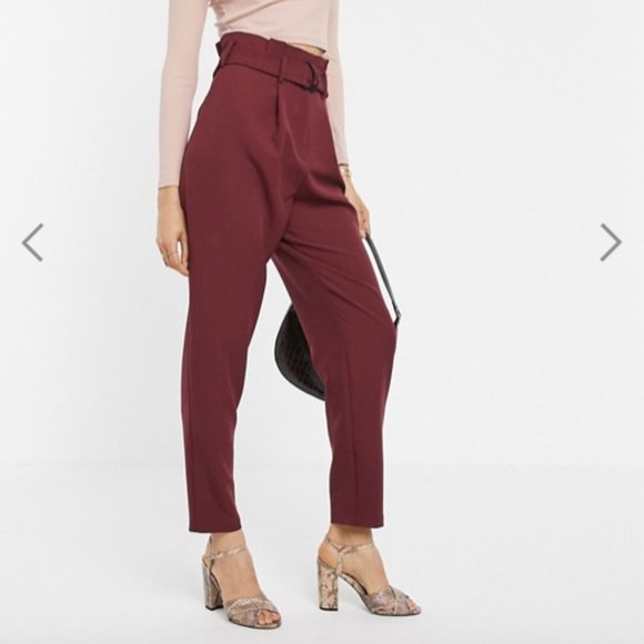 ASOS DESIGN paperbag pants with d ring in oxblood - Picture 4 of 4